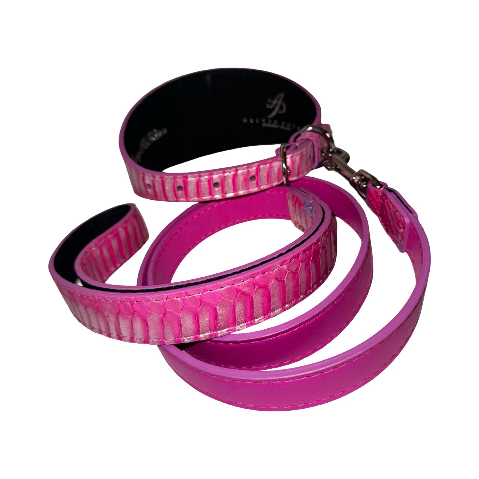 Allysa Payne Pavé In Pink Authentic Iridescent Snake 3-Inch Wide Style Statement Dog Collar & Leash Set