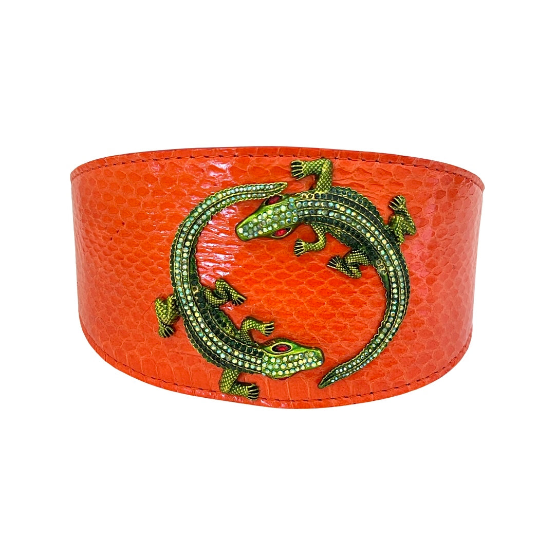 Allysa Payne Orange Snake Dog Collar With Green Rhinestone Alligators