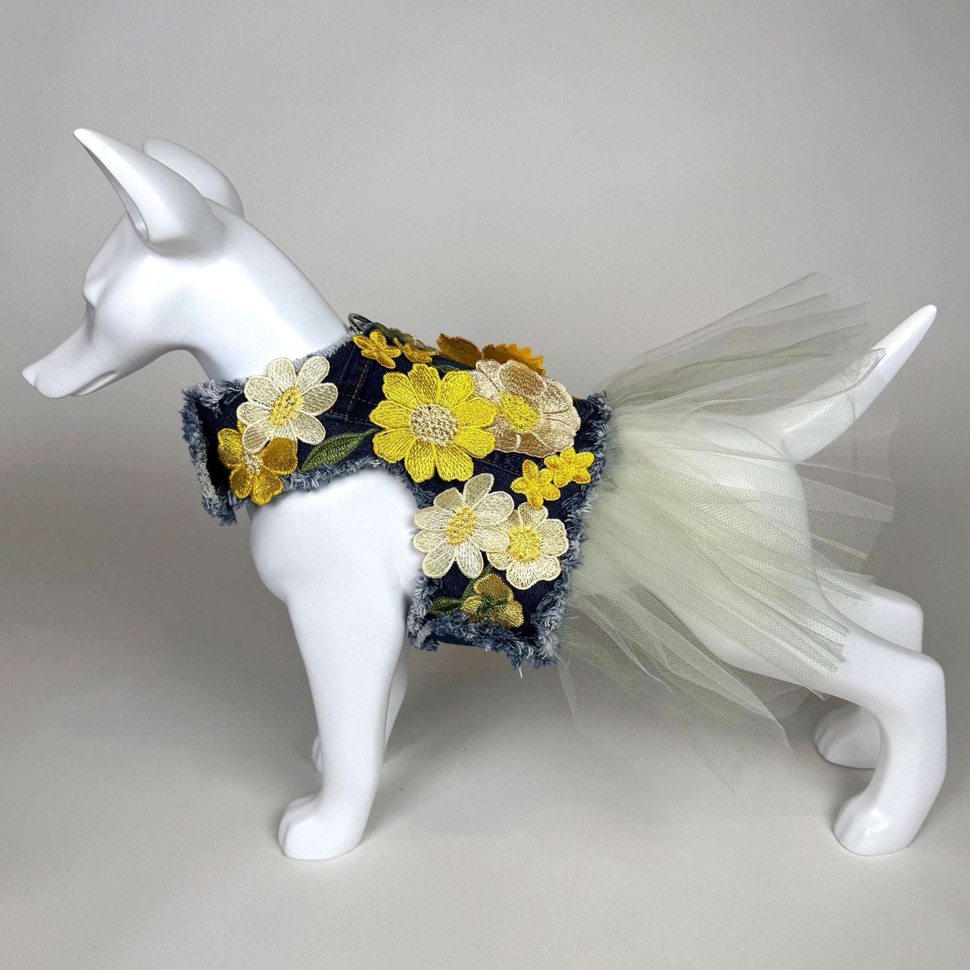 Heads or Tails Pup Lemon Chiffon Bouquet Denim Dog Dress