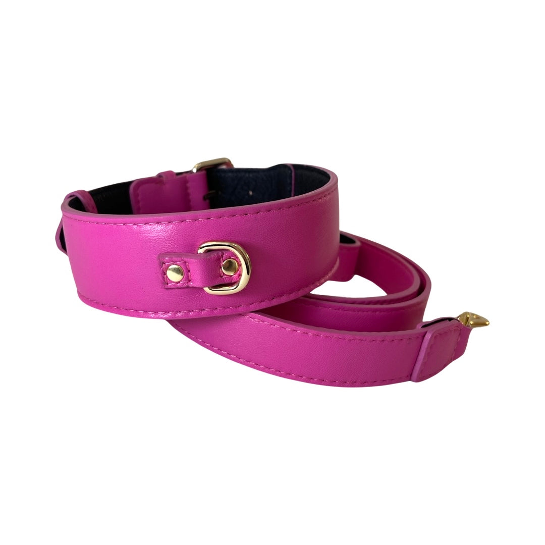 Allysa Payne Classic Fuchsia Pink Italian Leather Dog Collar & Leash Set