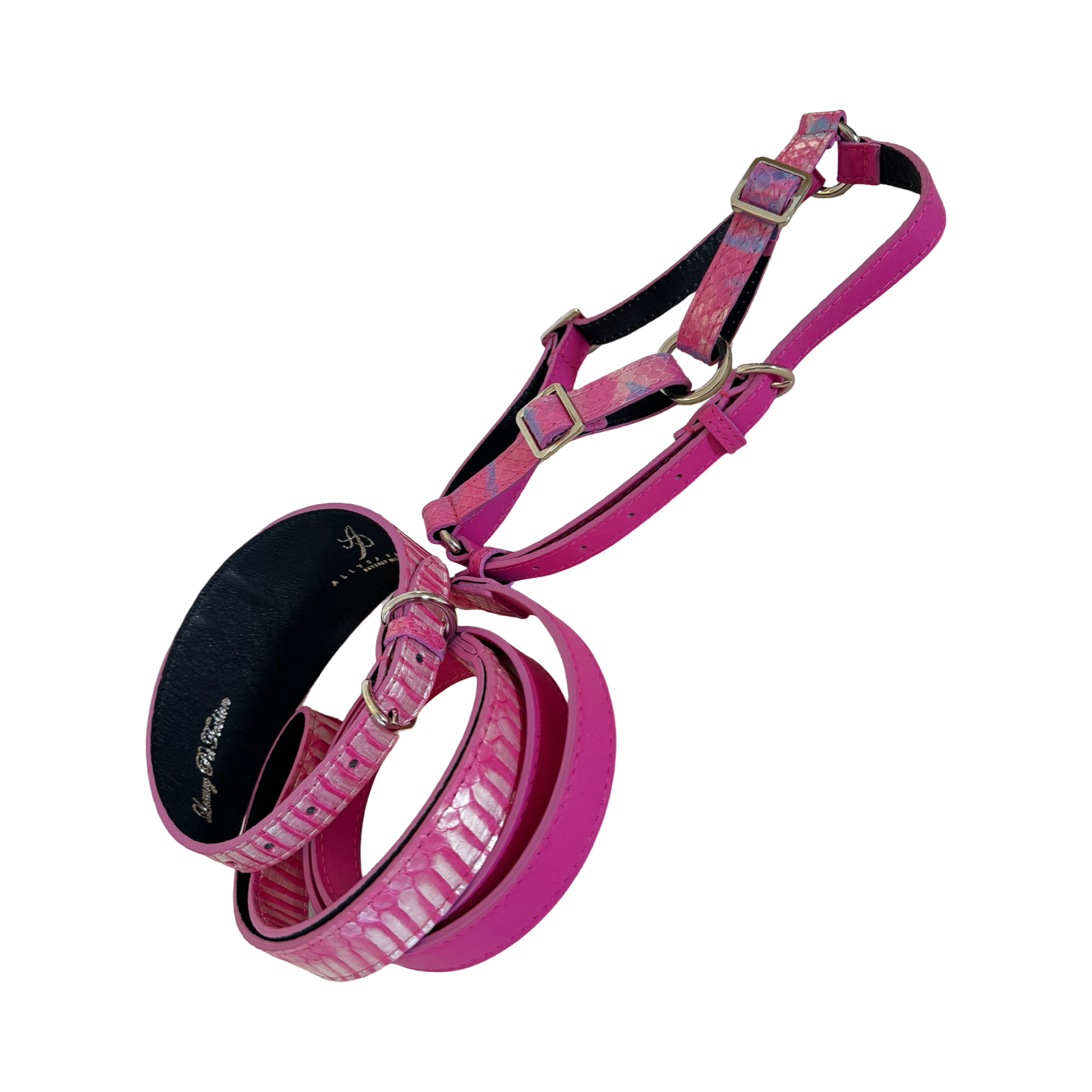 Allysa Payne Pavé In Pink Authentic Iridescent Snake 3-Inch Wide Style Statement Dog Collar, Leash & Harness Set