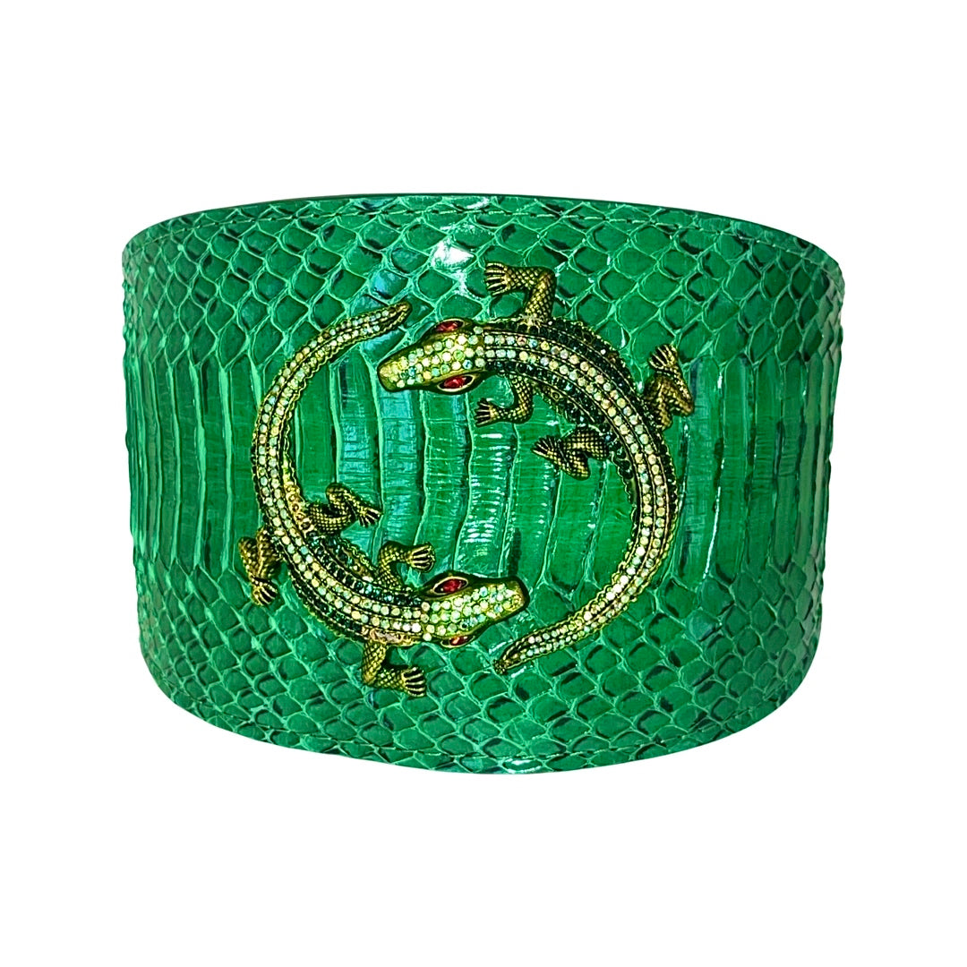 Allysa Payne Emerald Green Snake Dog Collar With Green Rhinestone Alligators