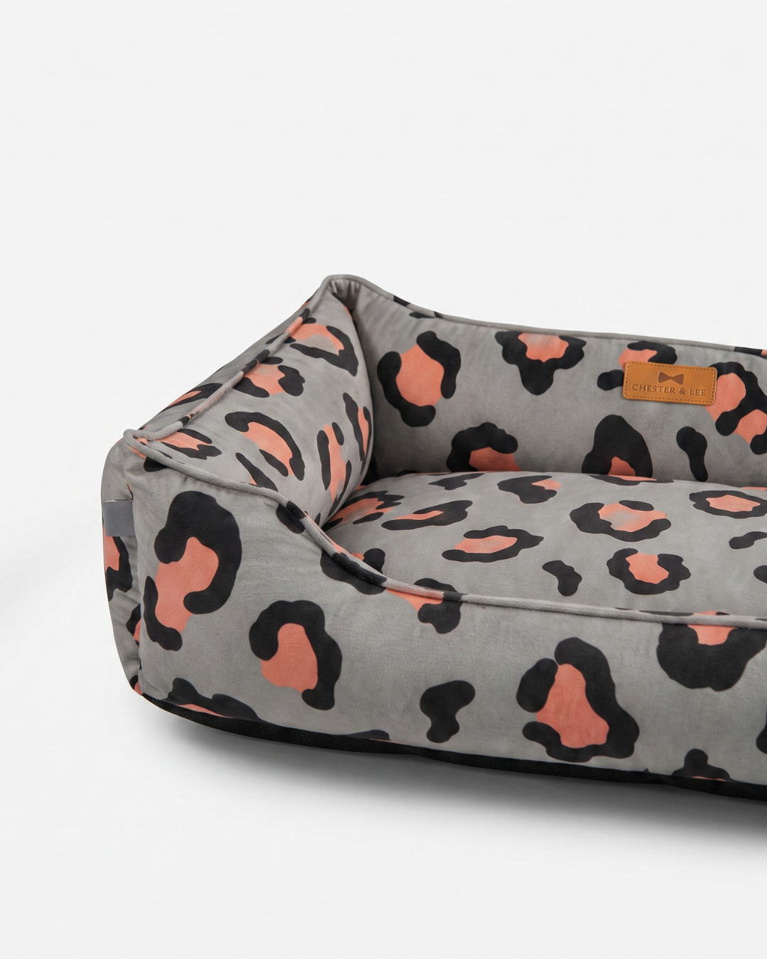 Chester & Lee Velvet Sleeper Dog Bed Gray & Peach Leopard Print