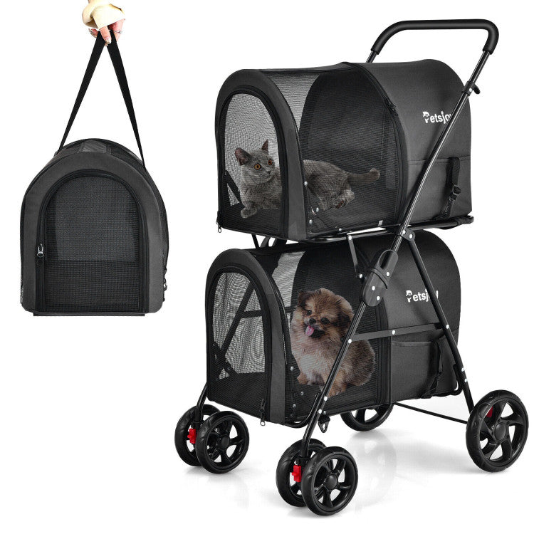 4-in-1 Double Pet Stroller with Detachable Carrier and Travel Carriage