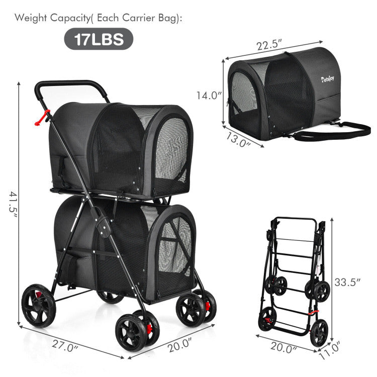 4-in-1 Double Pet Stroller with Detachable Carrier and Travel Carriage