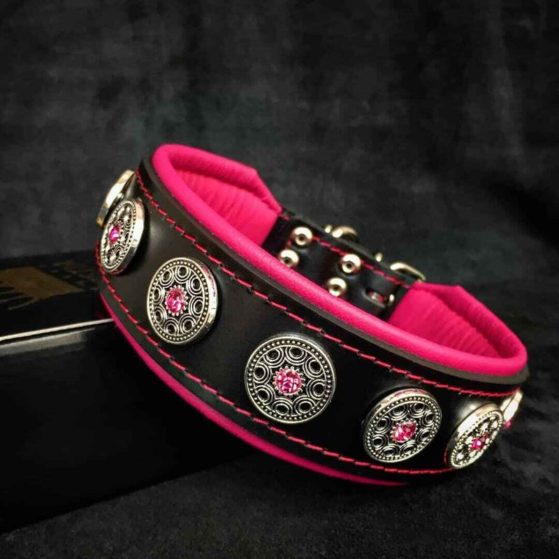 Bestia Bijou Black & Pink Leather Dog Collar