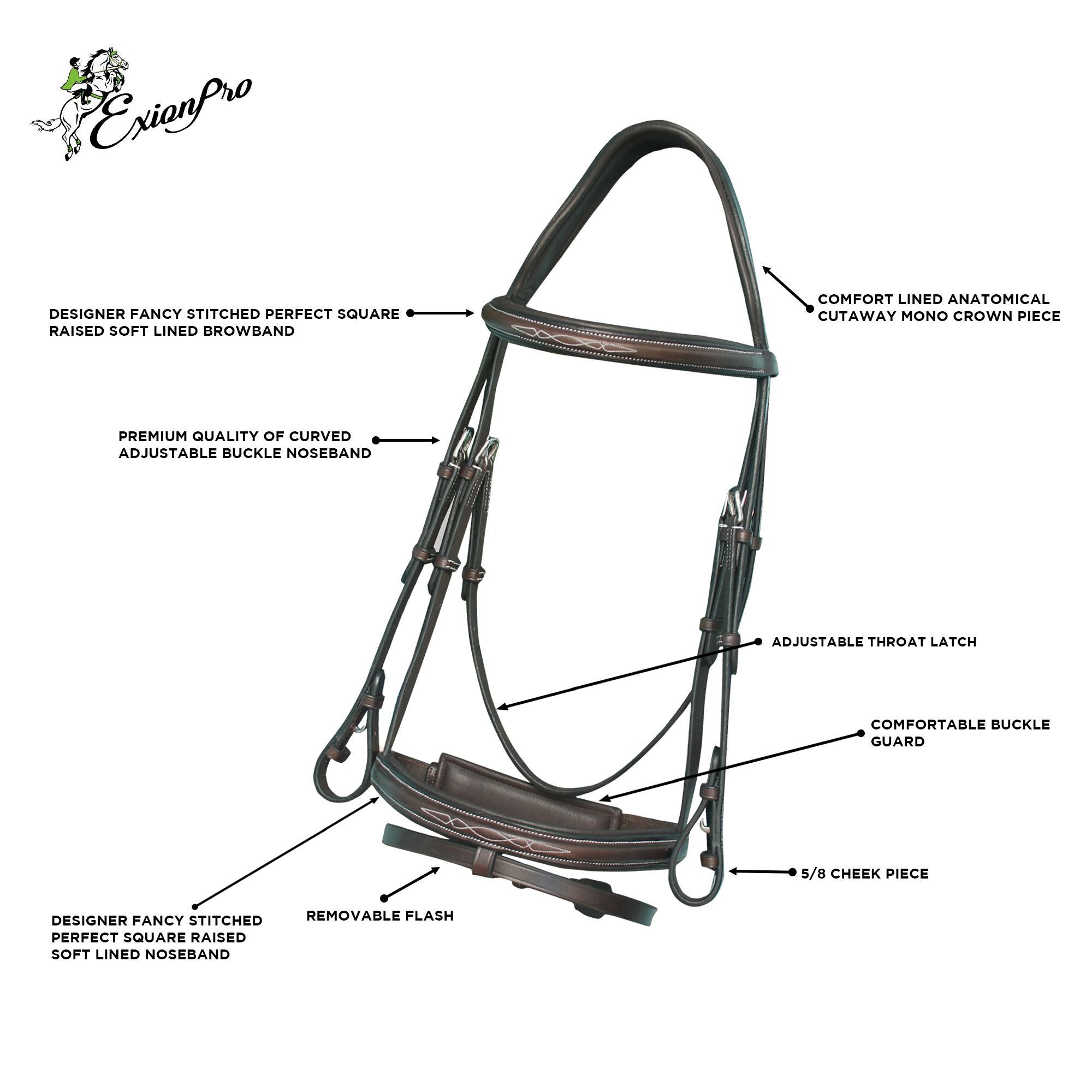 ExionPro Designer Fancy Stitched Bridle with Flash and Rubber Reins - HT Animal Supply