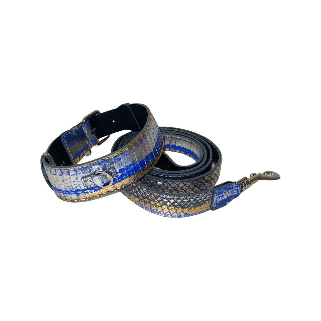 Allysa Payne Multi-Color Blue/Silver/Gold Snake, Classic With Silver Hardware Dog Collar & Leash Set