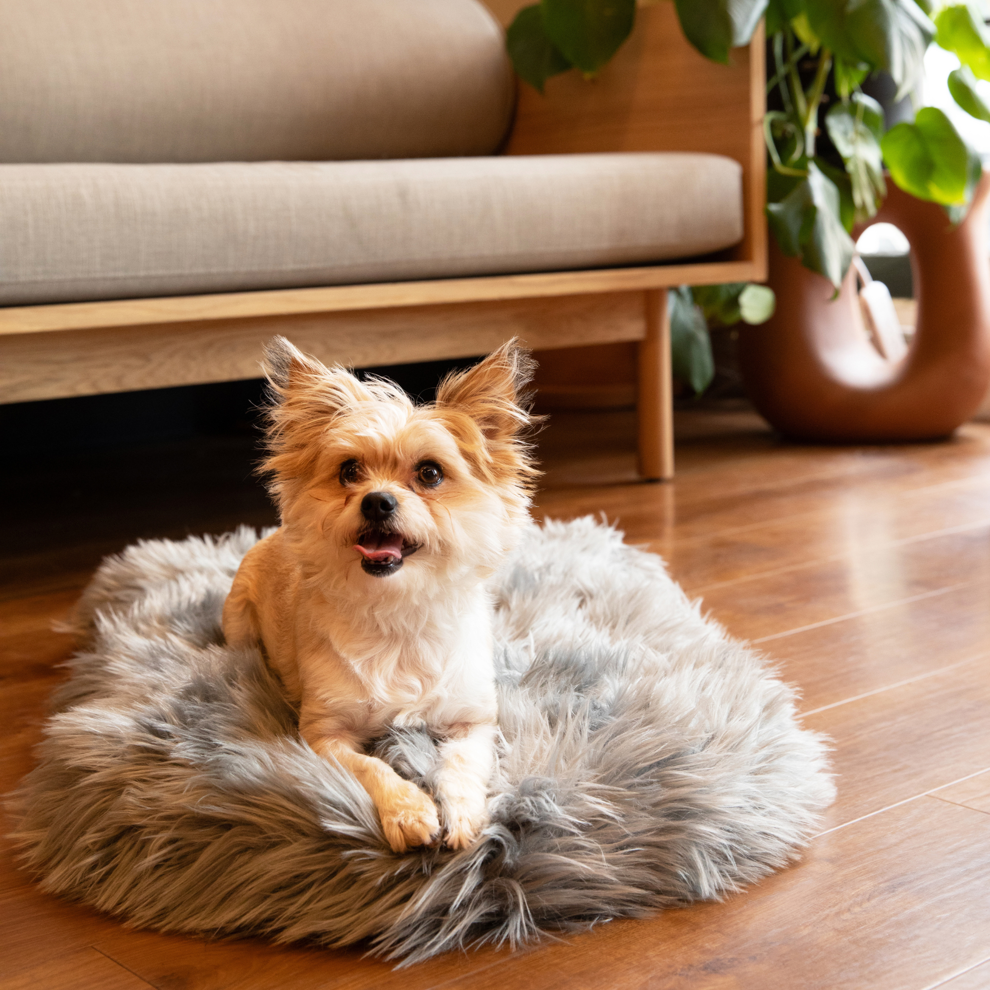 Puprug Faux Fur Orthopedic Dog Bed Curve Charcoal Grey