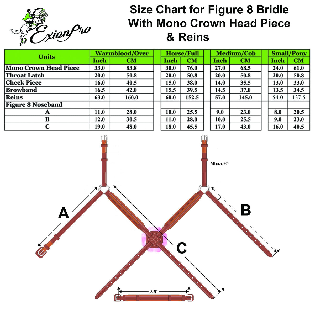 Replacement Crownpiece of ExionPro Monocrown Crown Piece Adjustable Designer Figure 8 Bridle - HT Animal Supply