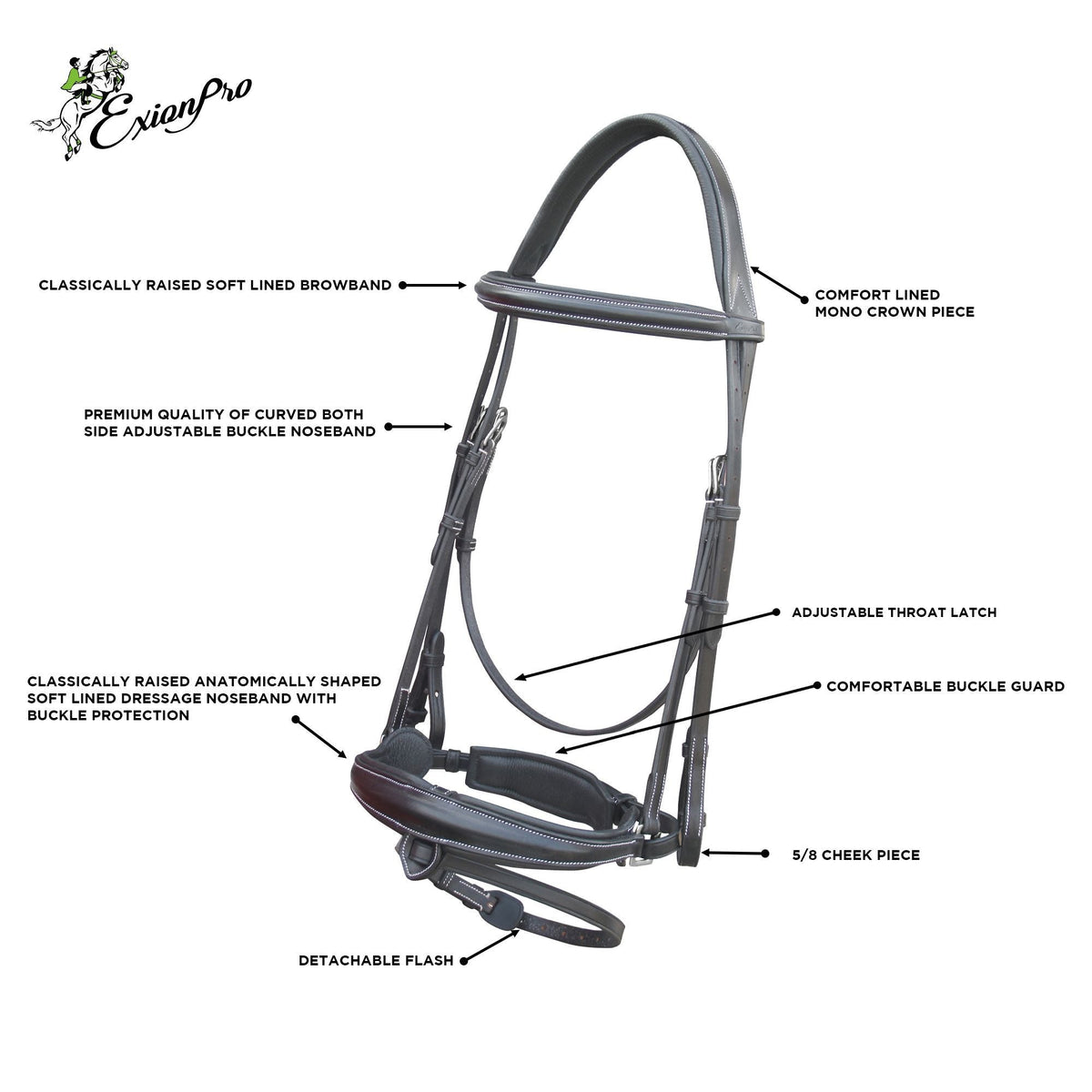 ExionPro Dressage Bridle: Mono Crown, Raised Browband, Anatomical Noseband, Detachable Flash & Web Reins | HT Animal Supply