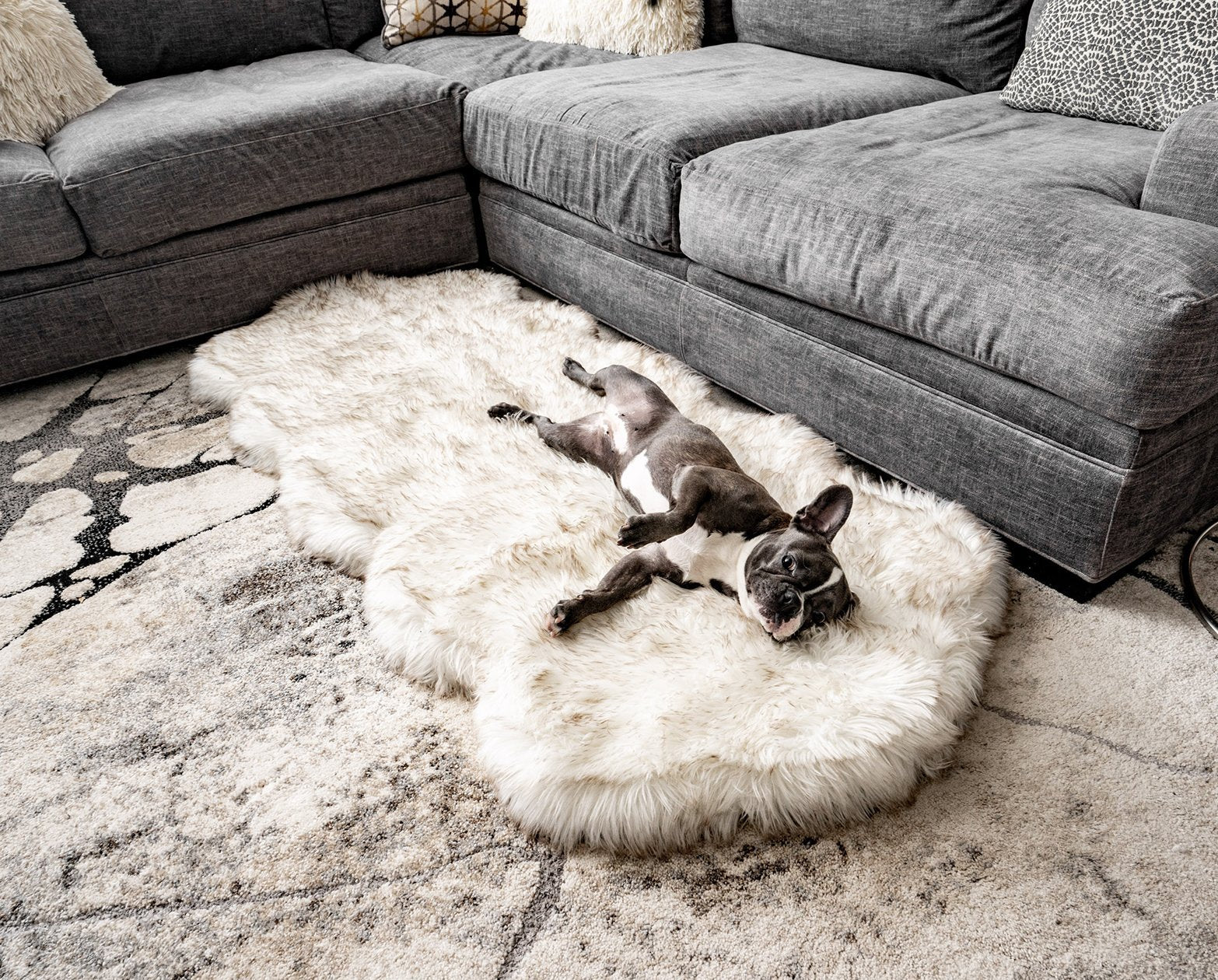 PupRug Runner Faux Fur Memory Foam Dog Bed Curve White with Brown Accents 