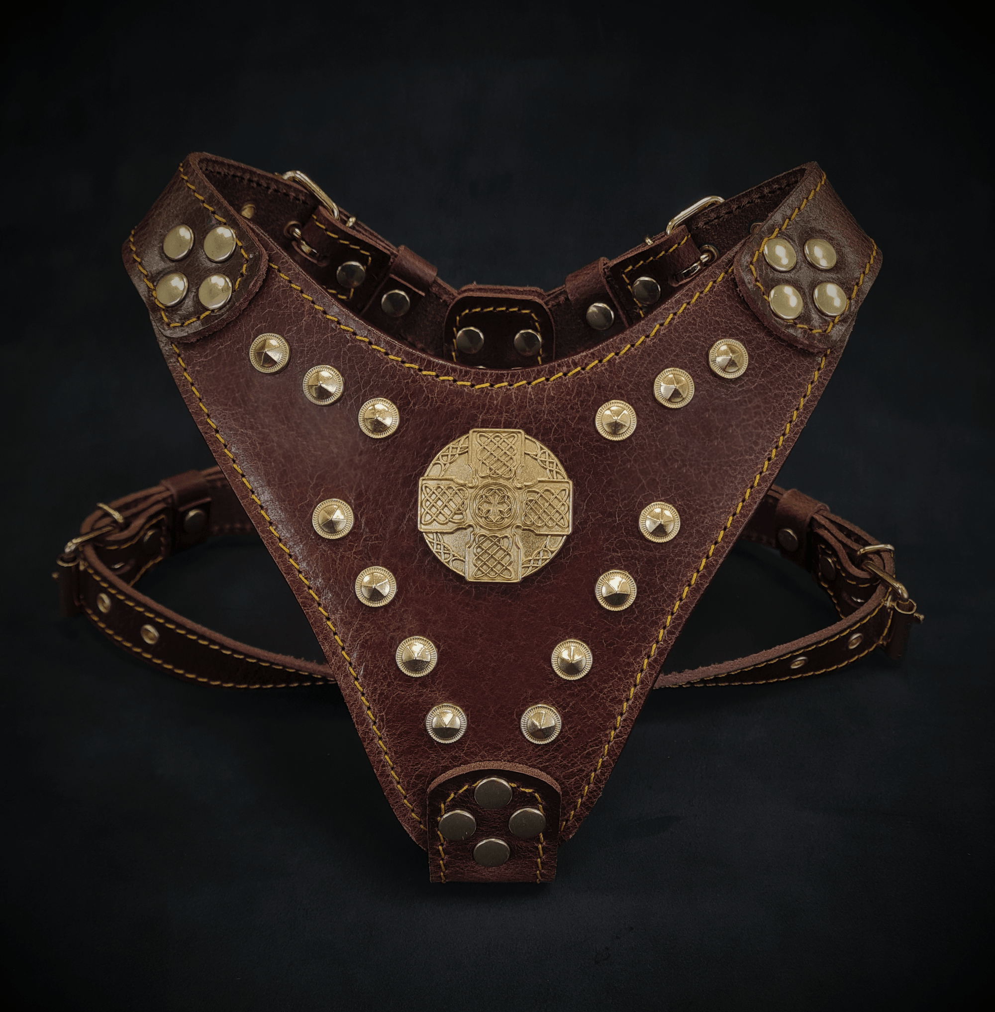 Bestia Maximus Brown & Gold Leather Small to Medium Dog Harness
