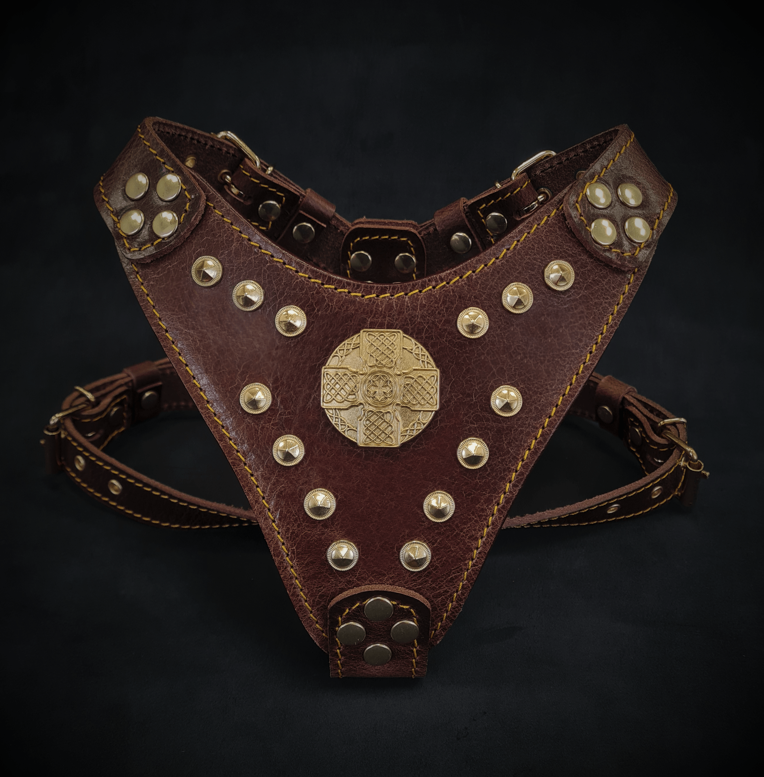 Bestia Dog Gear The Maximus harness Brown & Gold Small to Medium Size Genuine Leather Brown pet supplies