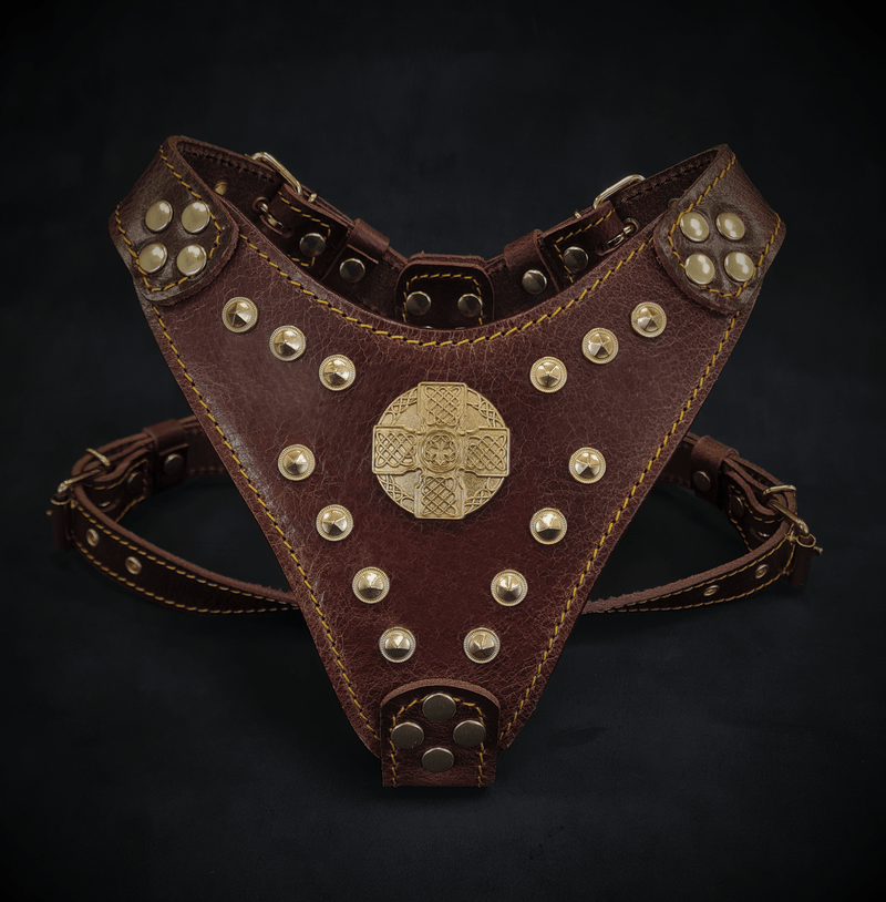 Bestia Dog Gear The Maximus harness Brown & Gold Small to Medium Size Genuine Leather Brown pet supplies