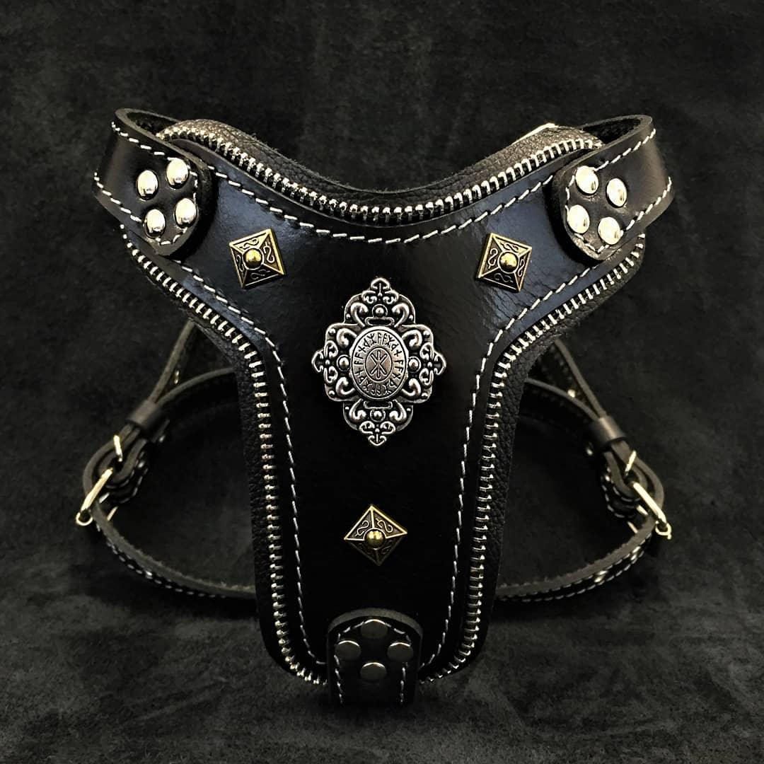 Bestia Dog Gear The Aztec harness Black Small to Medium Size Genuine Leather Black pet supplies