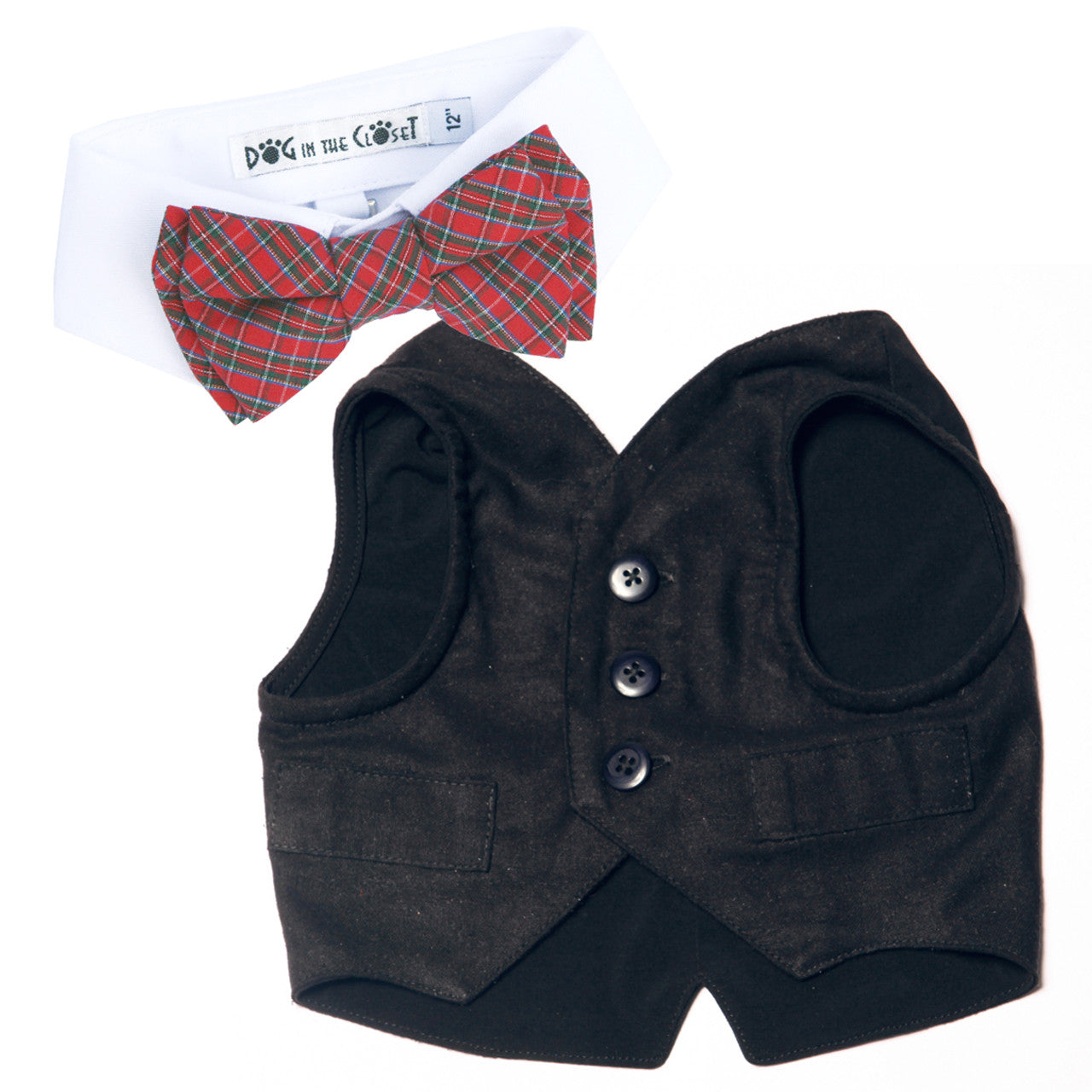 White Shirt Dog Collar with Red Tartan Plaid Bow Tie