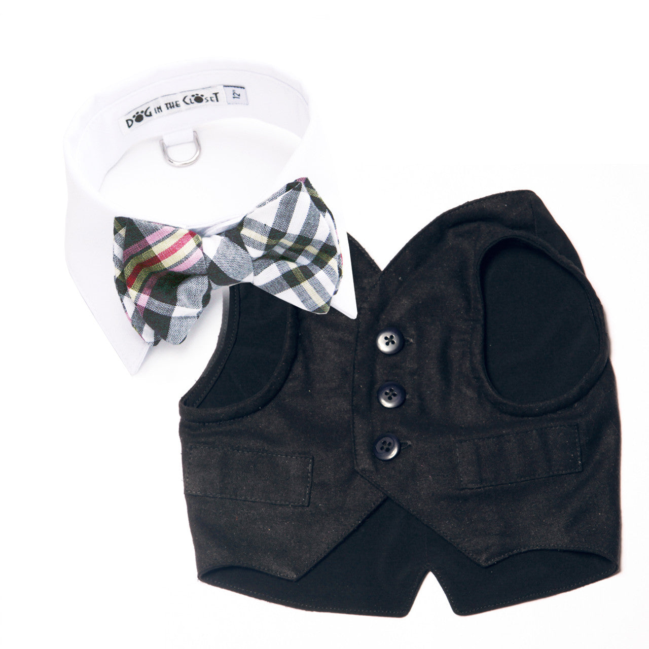White Shirt Dog Collar with Dark Navy & White Madras Plaid Bow Tie