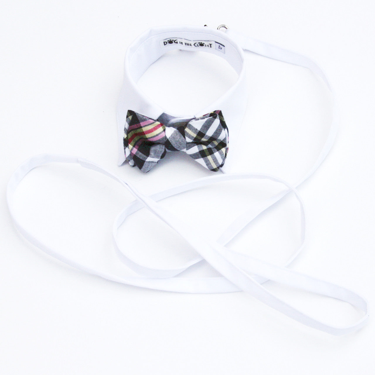 White Shirt Dog Collar with Dark Navy & White Madras Plaid Bow Tie