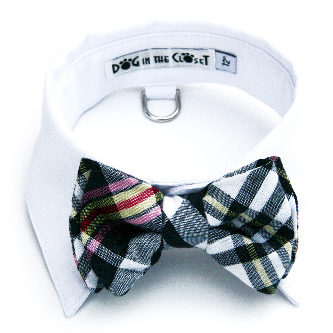 White Shirt Dog Collar with Dark Navy & White Madras Plaid Bow Tie