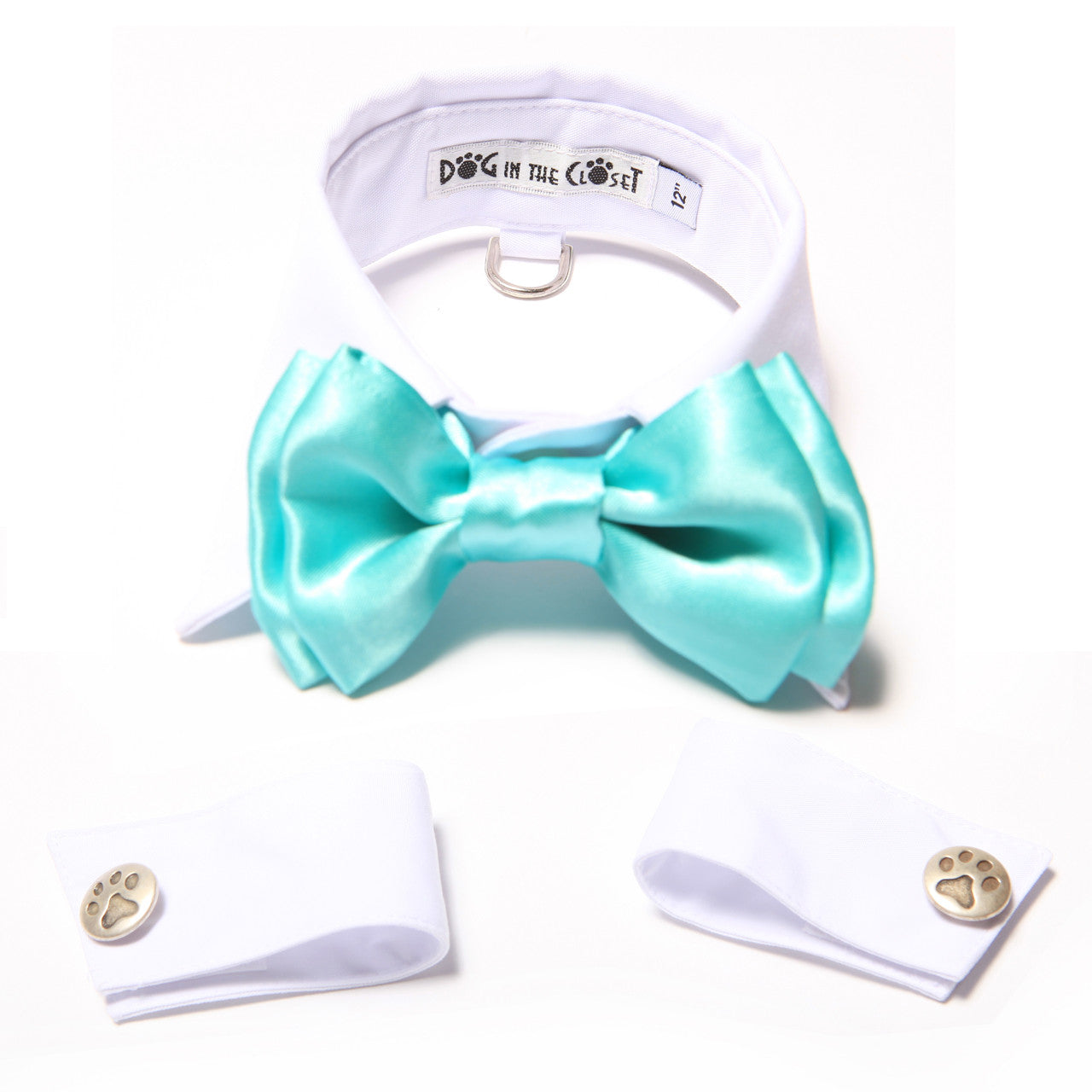 White Shirt Dog Collar with Aqua Blue Bow Tie