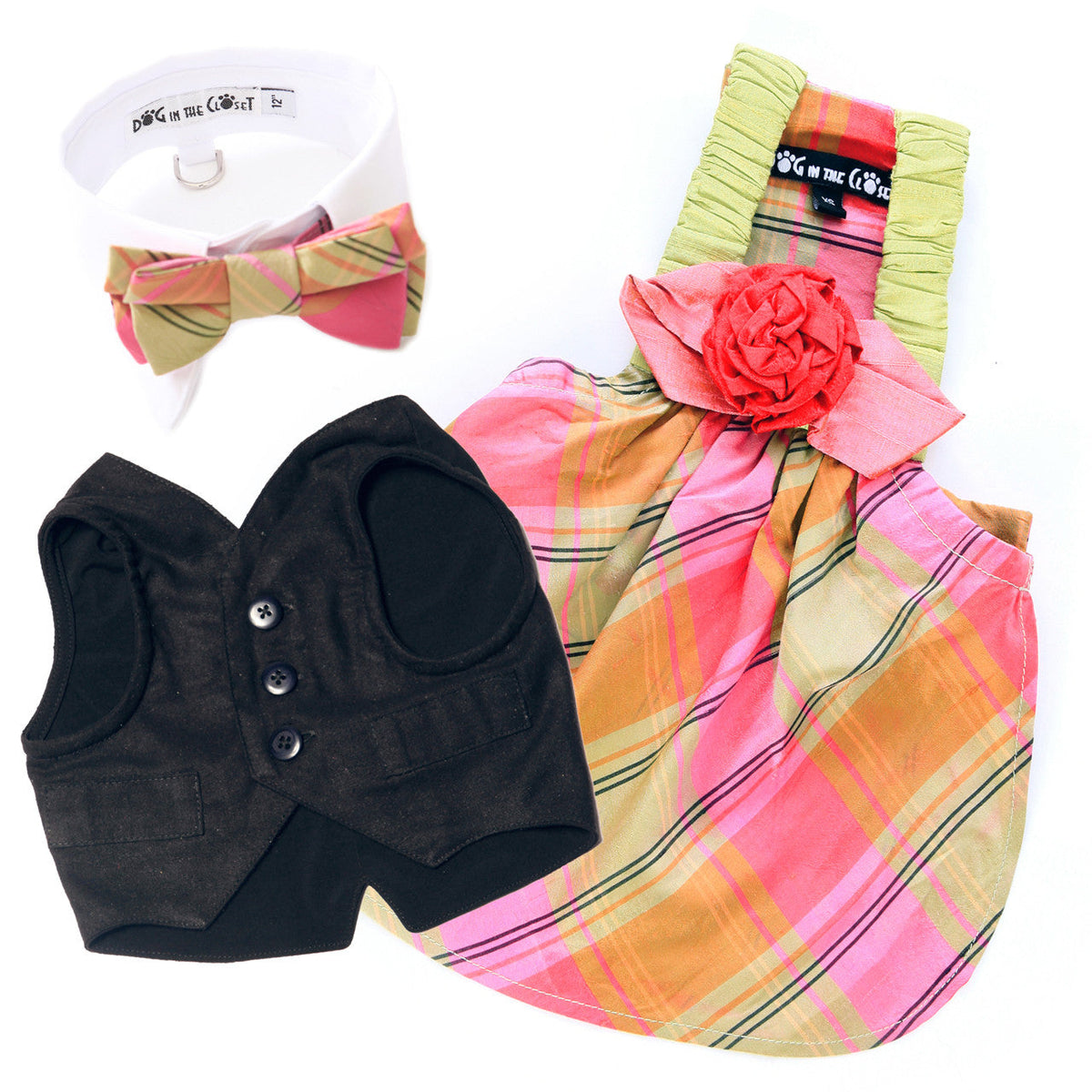 White Shirt Dog Collar with Coral & Lime Silk Plaid Bow Tie