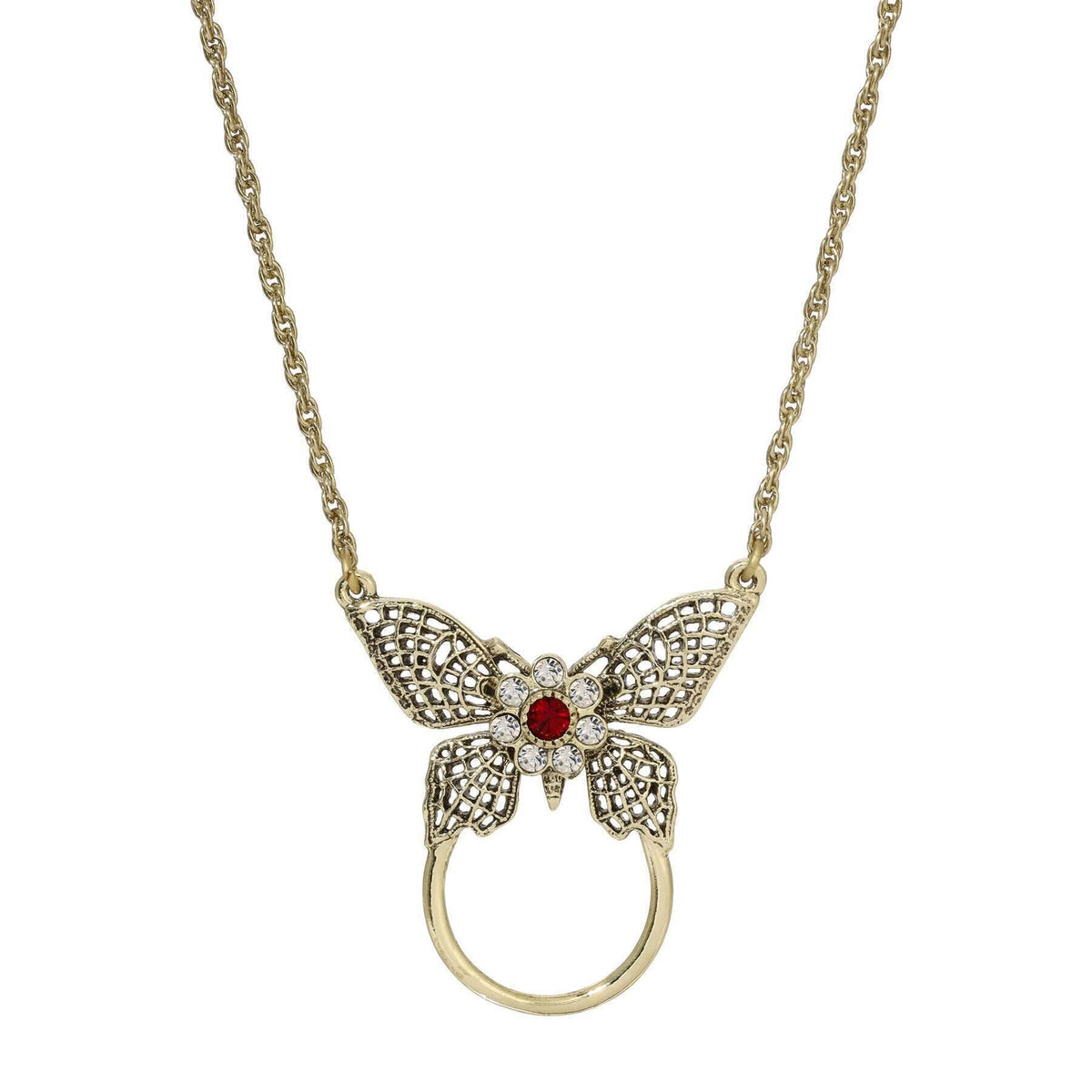 1928 Jewelry Butterfly Red And Crystal Badge and Eyeglass Holder Chain Necklace 28