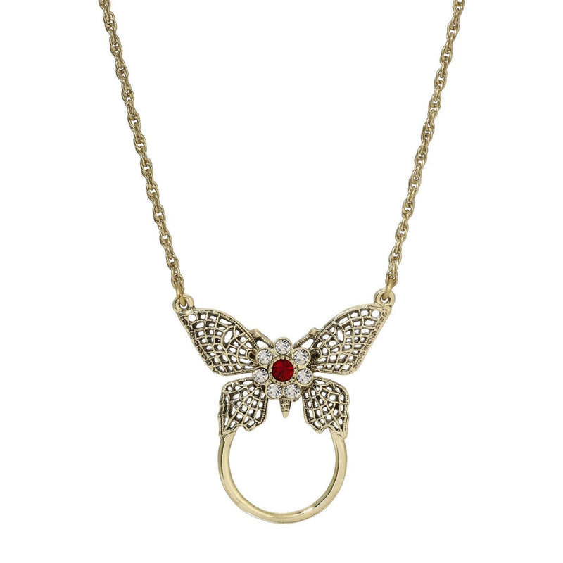 1928 Jewelry Butterfly Red And Crystal Badge and Eyeglass Holder Chain Necklace 28