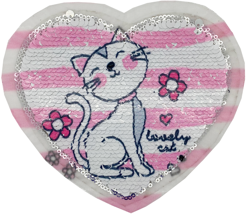 Pink Sequin Cat with Flowers Heart - Patch