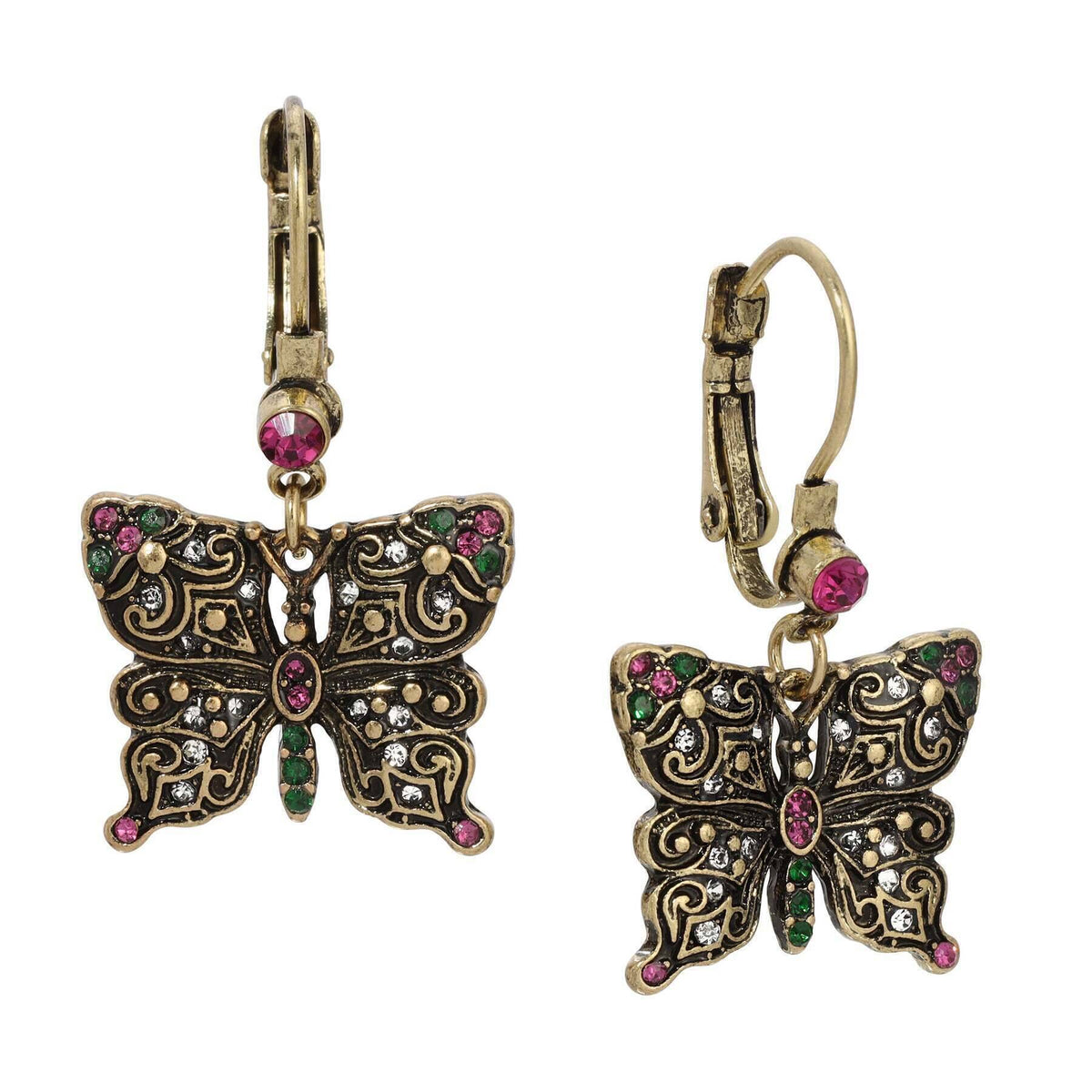1928 Jewelry Antiqued Butterfly Multi Color Crystals Drop Earrings