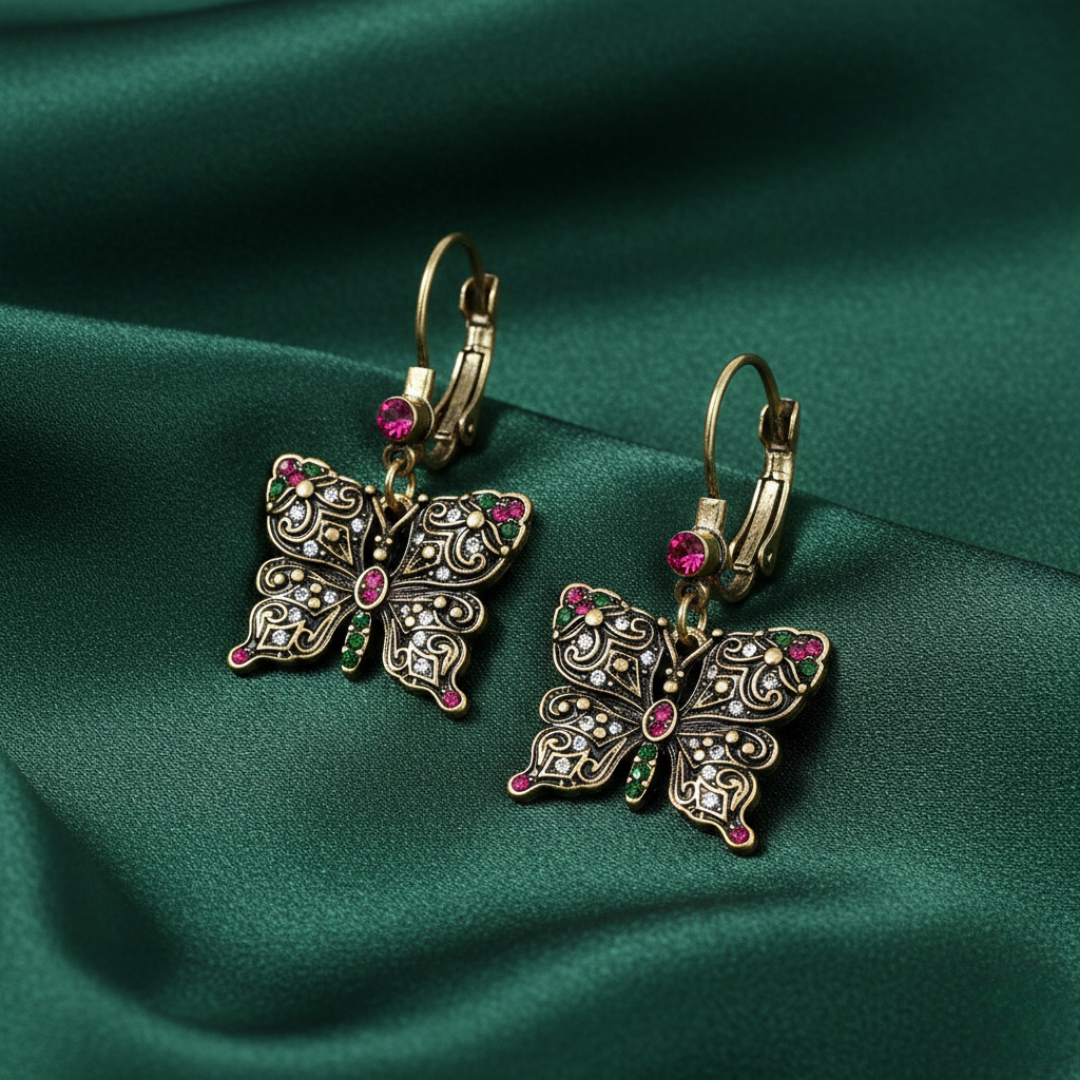 1928 Jewelry Antiqued Butterfly Multi Color Crystals Drop Earrings