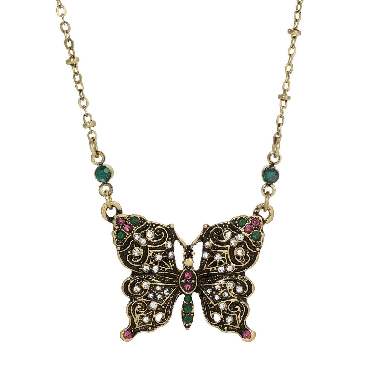 1928 Jewelry Antiqued Butterfly Multi Color Crystals Pendant Necklace 16 Inch with 3 Inch Extension