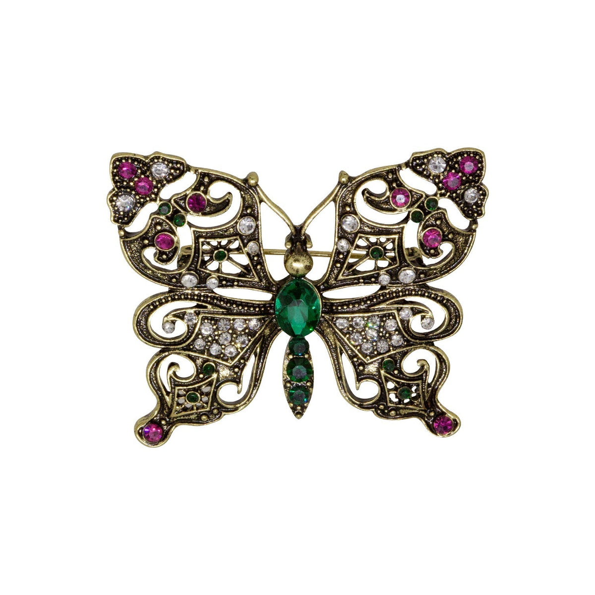 1928 Jewelry Green and Fuchsia Crystals Butterfly Brooch