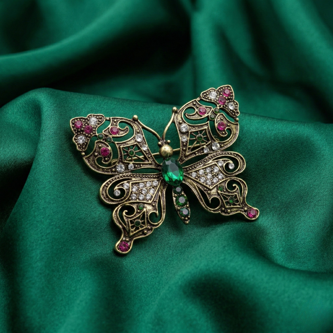 1928 Jewelry Green and Fuchsia Crystals Butterfly Brooch