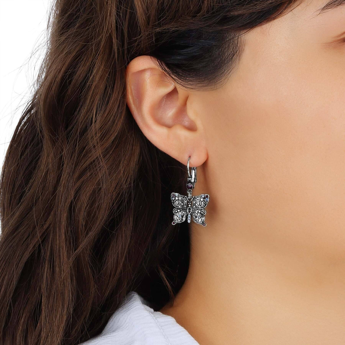 1928 Jewelry Antiqued Butterfly Multi Color Crystals Drop Earrings