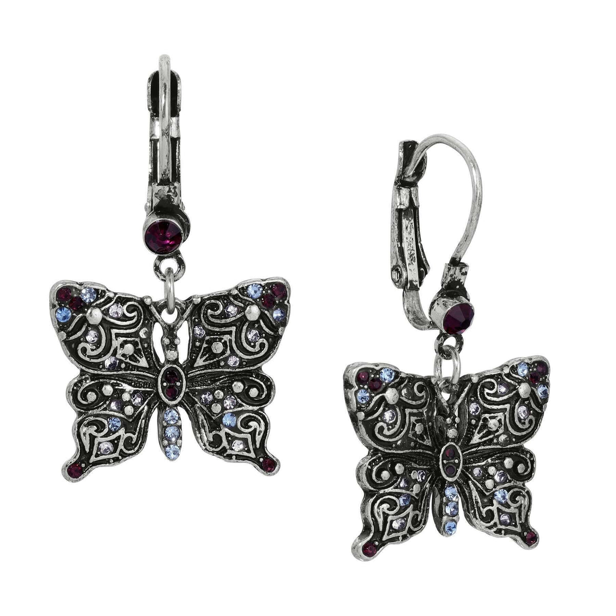 1928 Jewelry Antiqued Butterfly Multi Color Crystals Drop Earrings