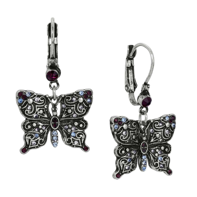 1928 Jewelry Antiqued Butterfly Multi Color Crystals Drop Earrings
