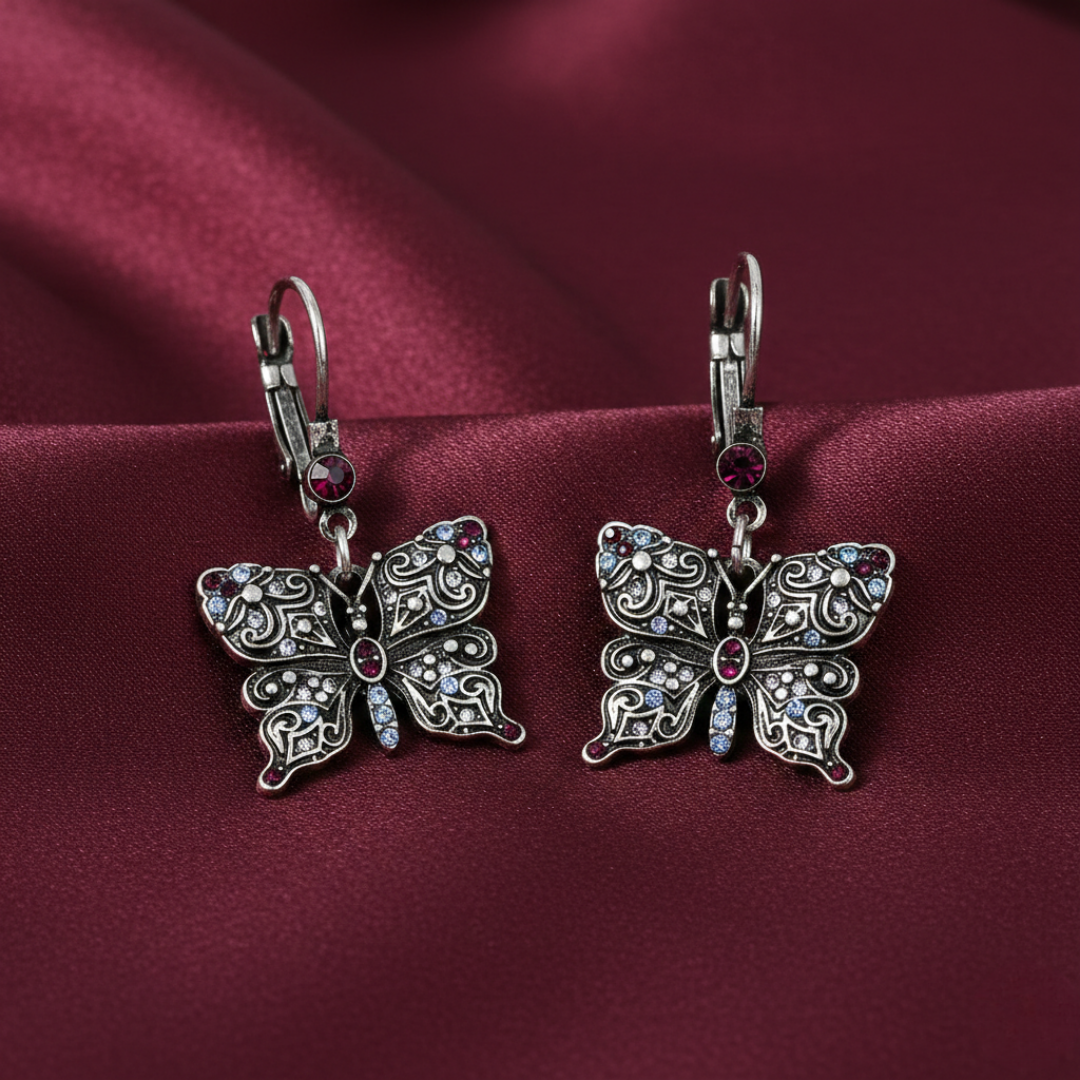 1928 Jewelry Antiqued Butterfly Multi Color Crystals Drop Earrings