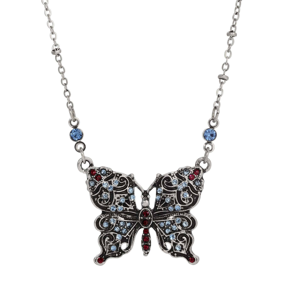 1928 Jewelry Antiqued Butterfly Multi Color Crystals Pendant Necklace 16 Inch with 3 Inch Extension
