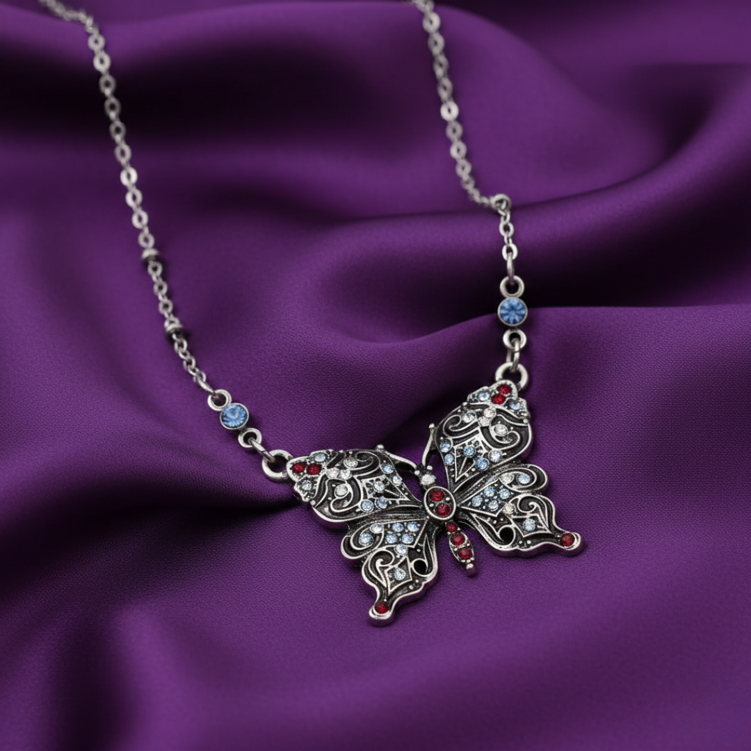 1928 Jewelry Antiqued Butterfly Multi Color Crystals Pendant Necklace 16 Inch with 3 Inch Extension