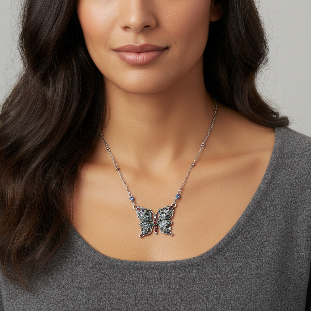 1928 Jewelry Antiqued Butterfly Multi Color Crystals Pendant Necklace 16 Inch with 3 Inch Extension