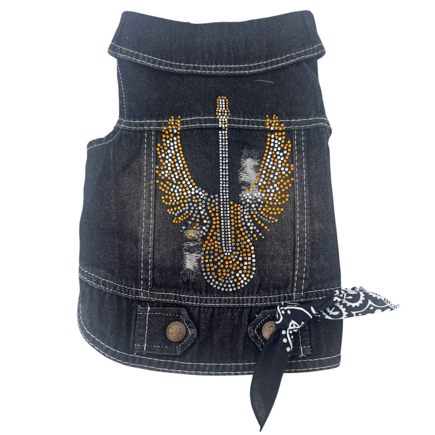 Heads or Tails Pup Rhinestone Guitar Denim Dog Vest