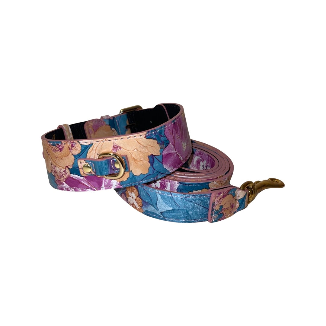 Allysa Payne Floral Print Italian Leather Classic Dog Collar & Leash Set