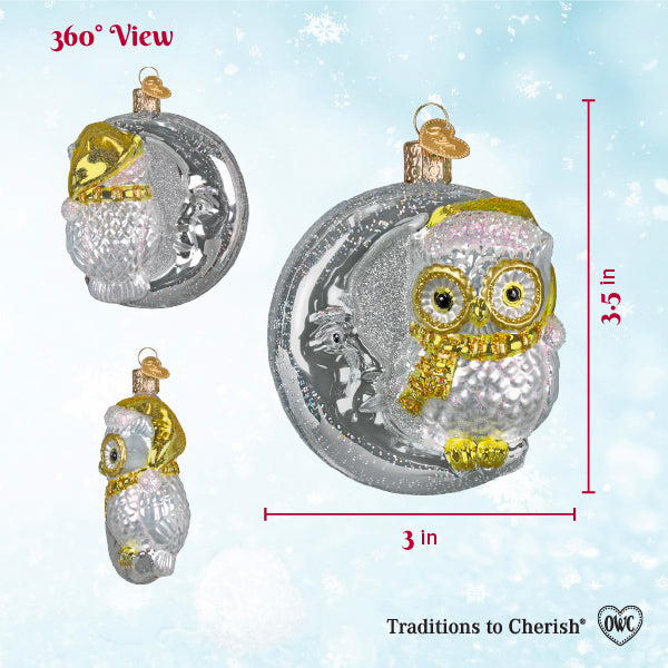 Old World Christmas: Sterling Snow Owl On Moon Christmas Ornament