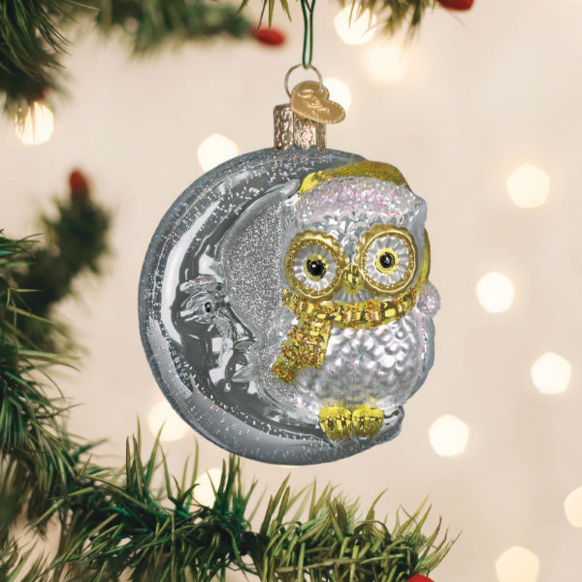Old World Christmas: Sterling Snow Owl On Moon Christmas Ornament