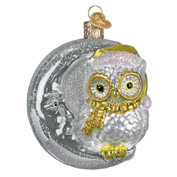 Old World Christmas: Sterling Snow Owl On Moon Christmas Ornament