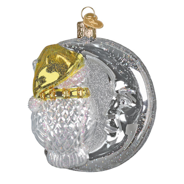 Old World Christmas: Sterling Snow Owl On Moon Christmas Ornament