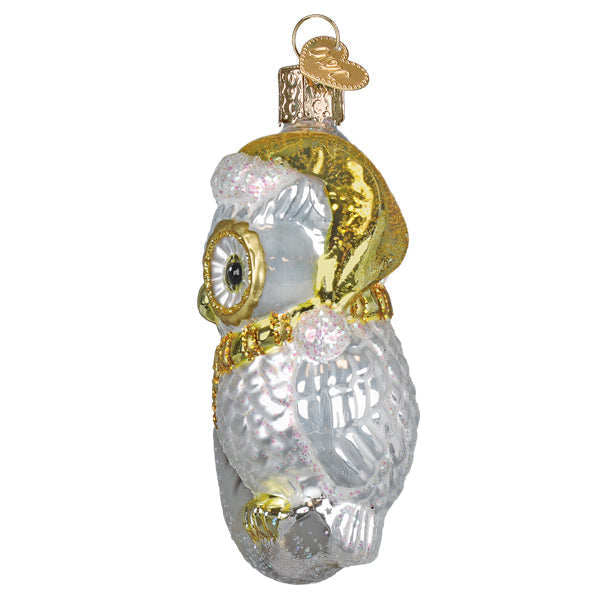 Old World Christmas: Sterling Snow Owl On Moon Christmas Ornament