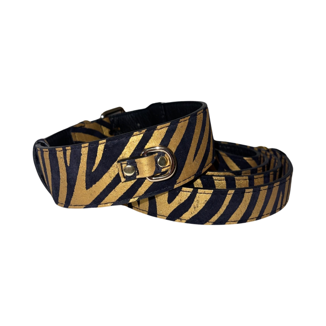 Allysa Payne Black & Gold Zebra Print Italian Leather Classic Dog Collar & Leash Set