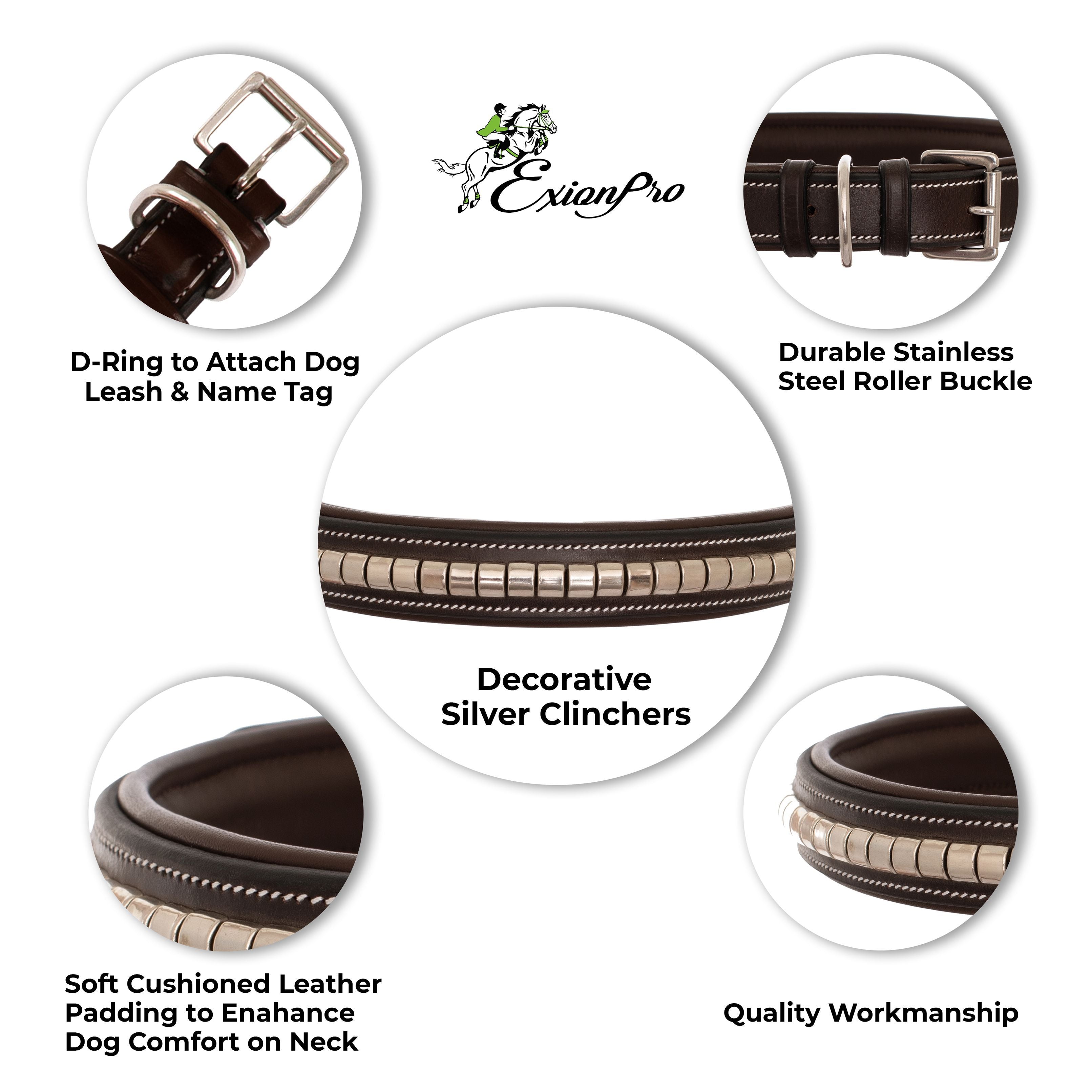 ExionPro Silver Clincher Padded Leather Dog Collar - Brown Padding